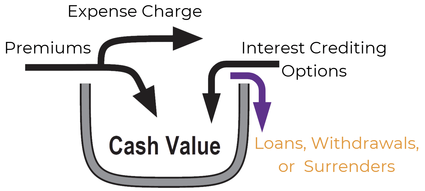Arrows going out of cash value representing accessing funds policy loan policy withdrawal or surrender coming out