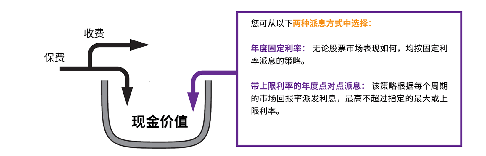 您可从以下两种派息方式中选择：年度固定利率： 无论股票市场表现如何，均按固定利率派息的策略。带上限利率的年度点对点派息： 该策略根据每个周期的市场回报率派发利息，最高不超过指定的最大或上限利率。
