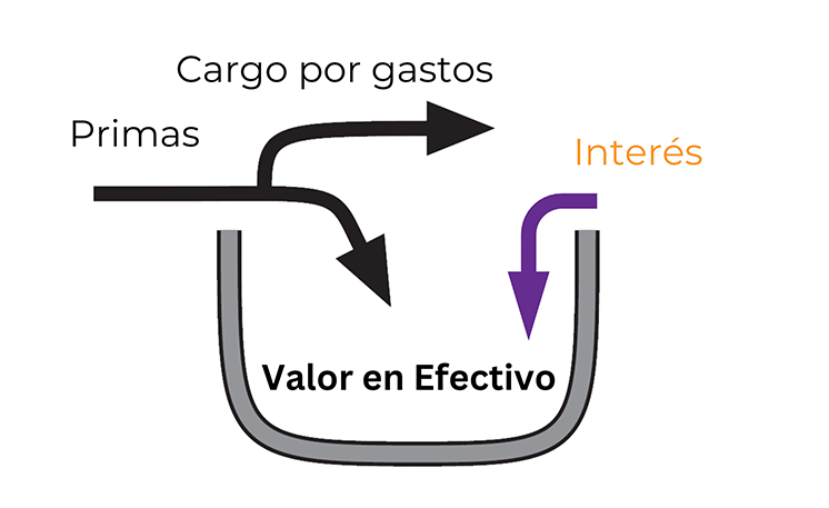 Flechas que entran en el valor en efectivo representando el interés que se añade