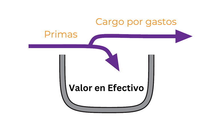 Gráfico que muestra cómo se añaden las primas al valor en efectivo y se deducen los gastos