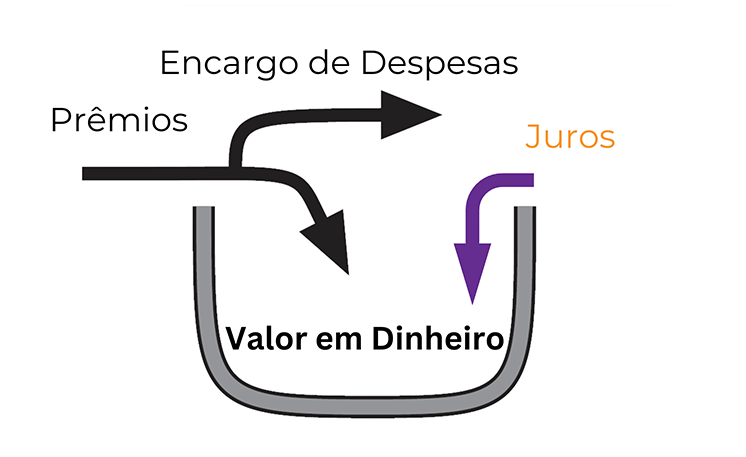 Setas direcionadas para o valor em caixa representando juros sendo adicionados